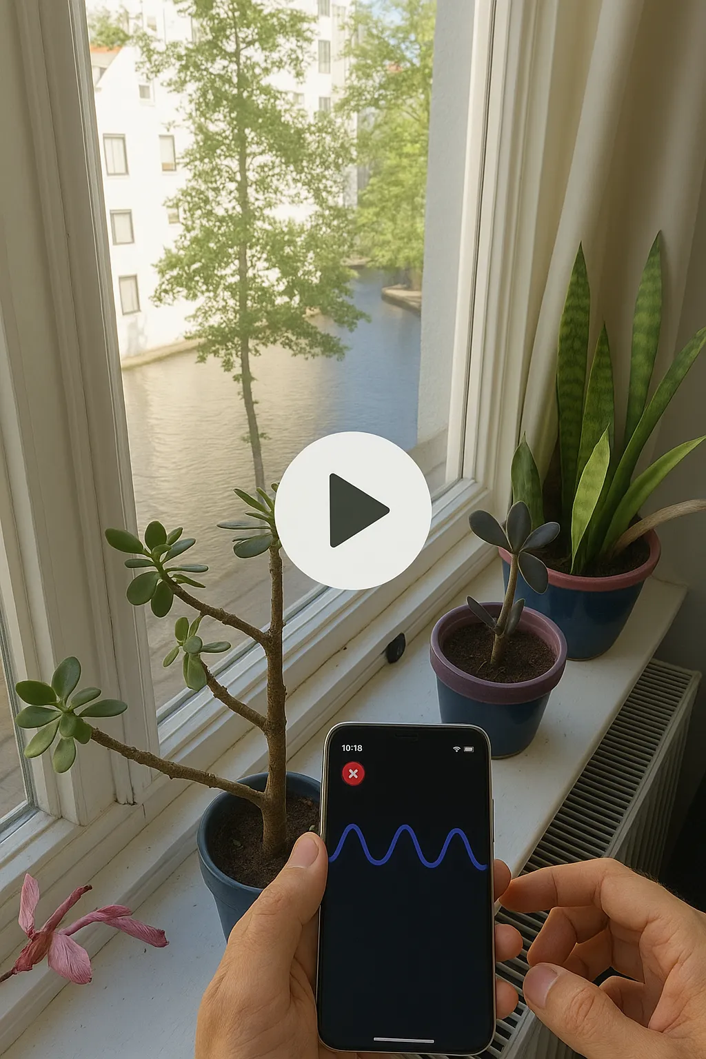 A person holding a smartphone displaying a waveform on the screen, positioned near a windowsill with several potted plants. Outside the window is a canal or river with trees and buildings reflected in the water. A large play button icon is overlaid in the center of the image.